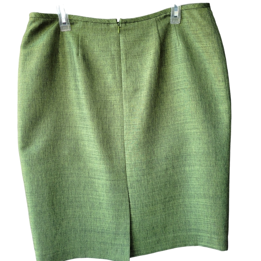 Le Suit pencil midi skirt shiny olive-green hidden back zip back slit lined 14P